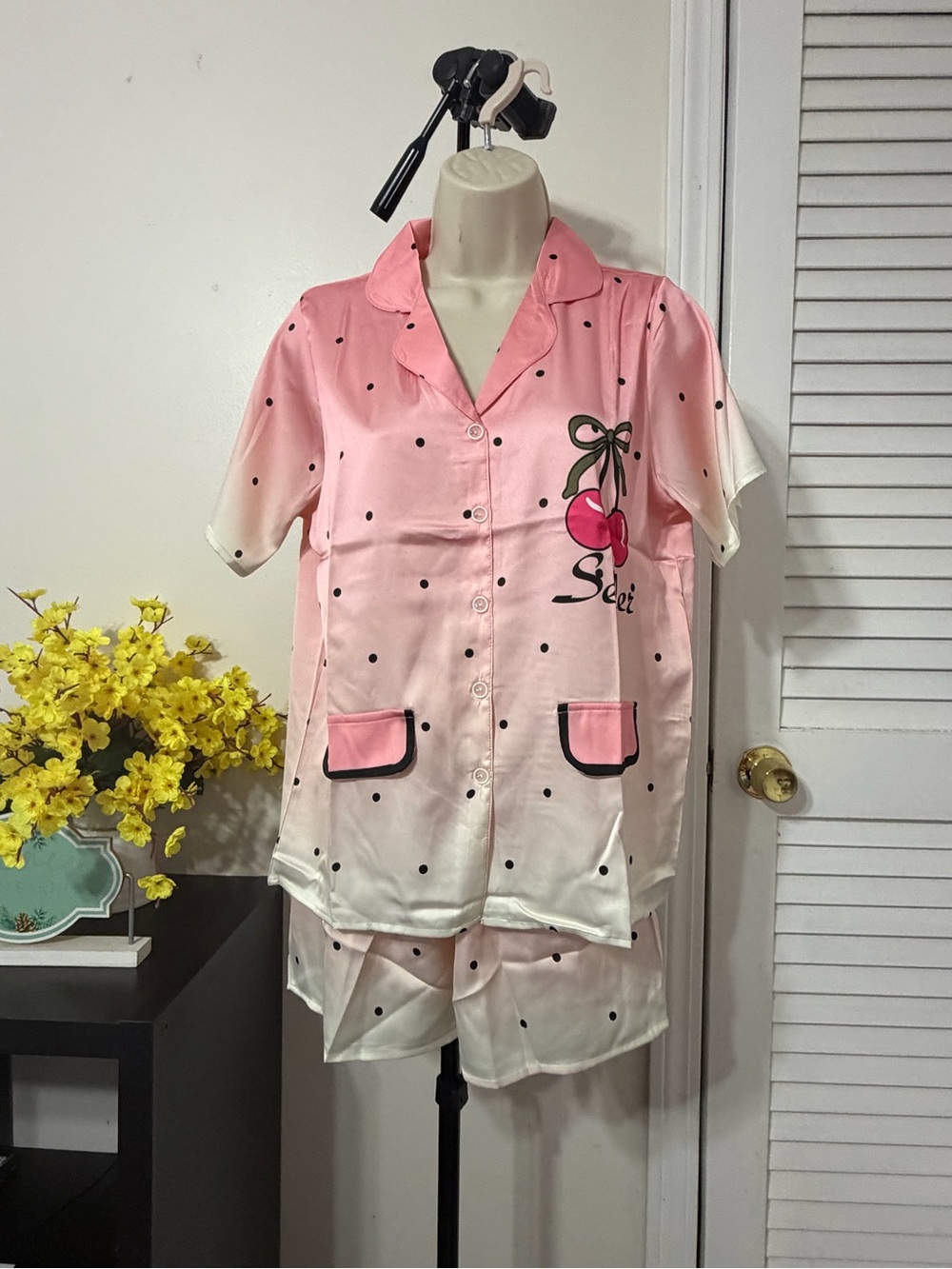 Pink Cherry Polka Dot Satin Short Pajama Set fit Small and Medium